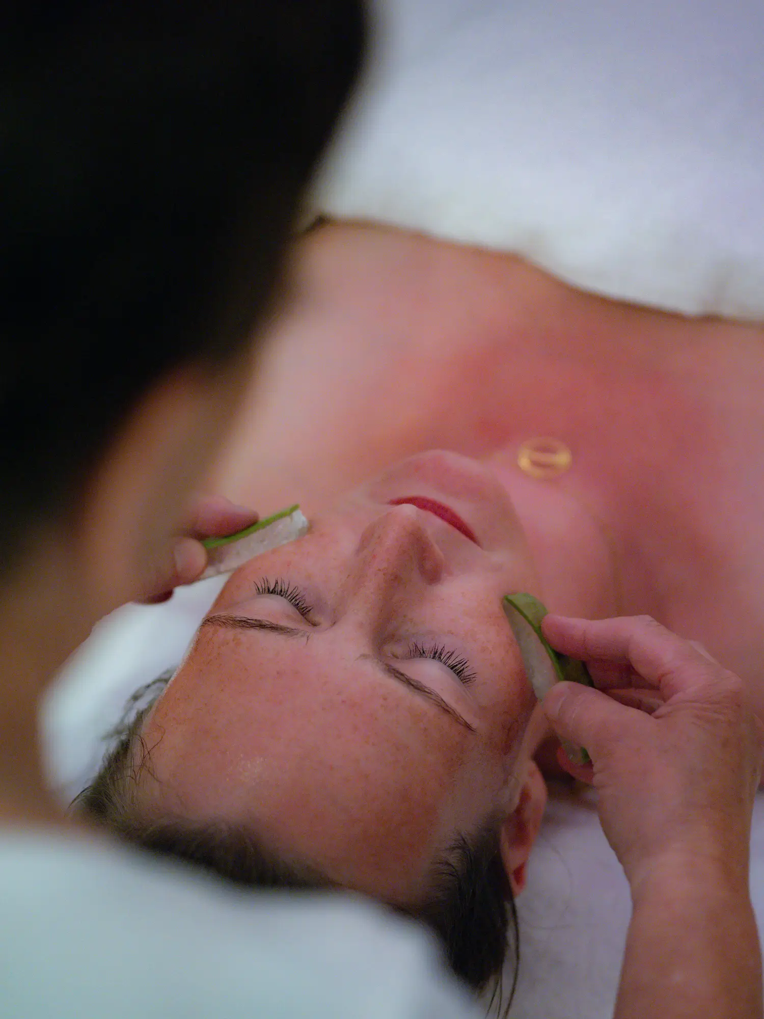 Ene Frau bei der Kosmetikbehandlung, Aloe Vera Gesichtsmassage